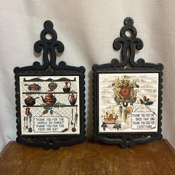 1970's Japan Wall Tile Trivet Cast Iron "Thank You" Prayer Set Antique Vintage - Picture 1 of 8